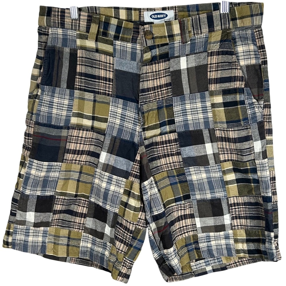 Old Navy Mens Patchwork Plaid Shorts Olive Blue Tan Cotton Size 33 Multi-Color